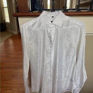 Men's White Paisley Satin Dress Shirt - Classic Point Collar